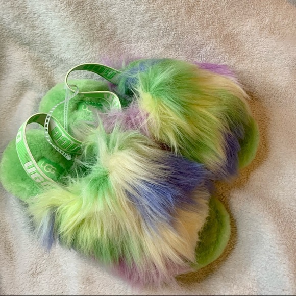 Ugg fluff yeah tie dye fur slides platform slippers size 6 green - Picture 1 of 12
